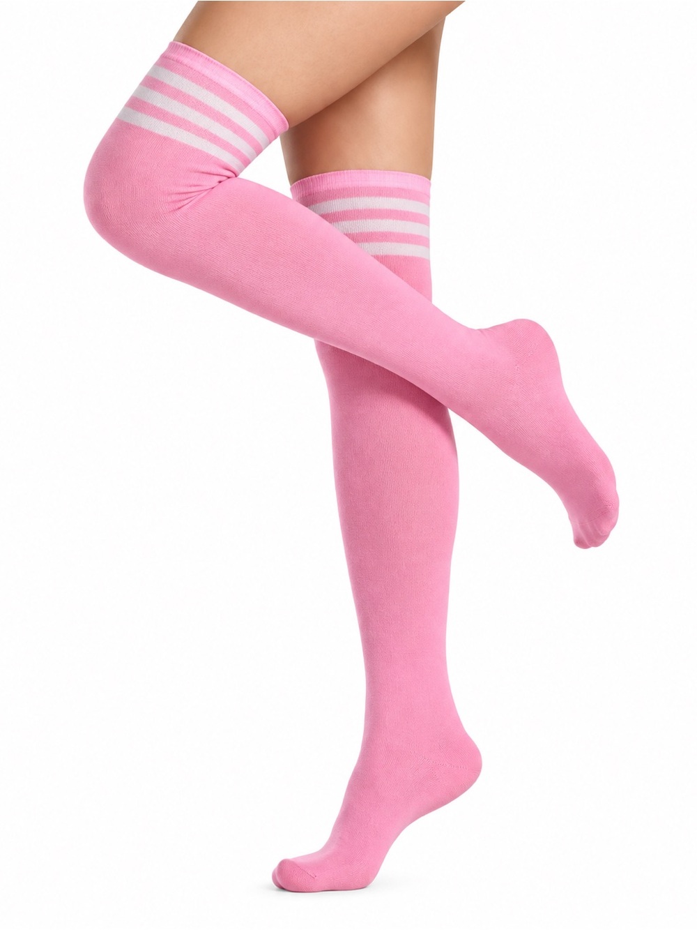 Pink White Stripe Over the Knee Thigh High Socks